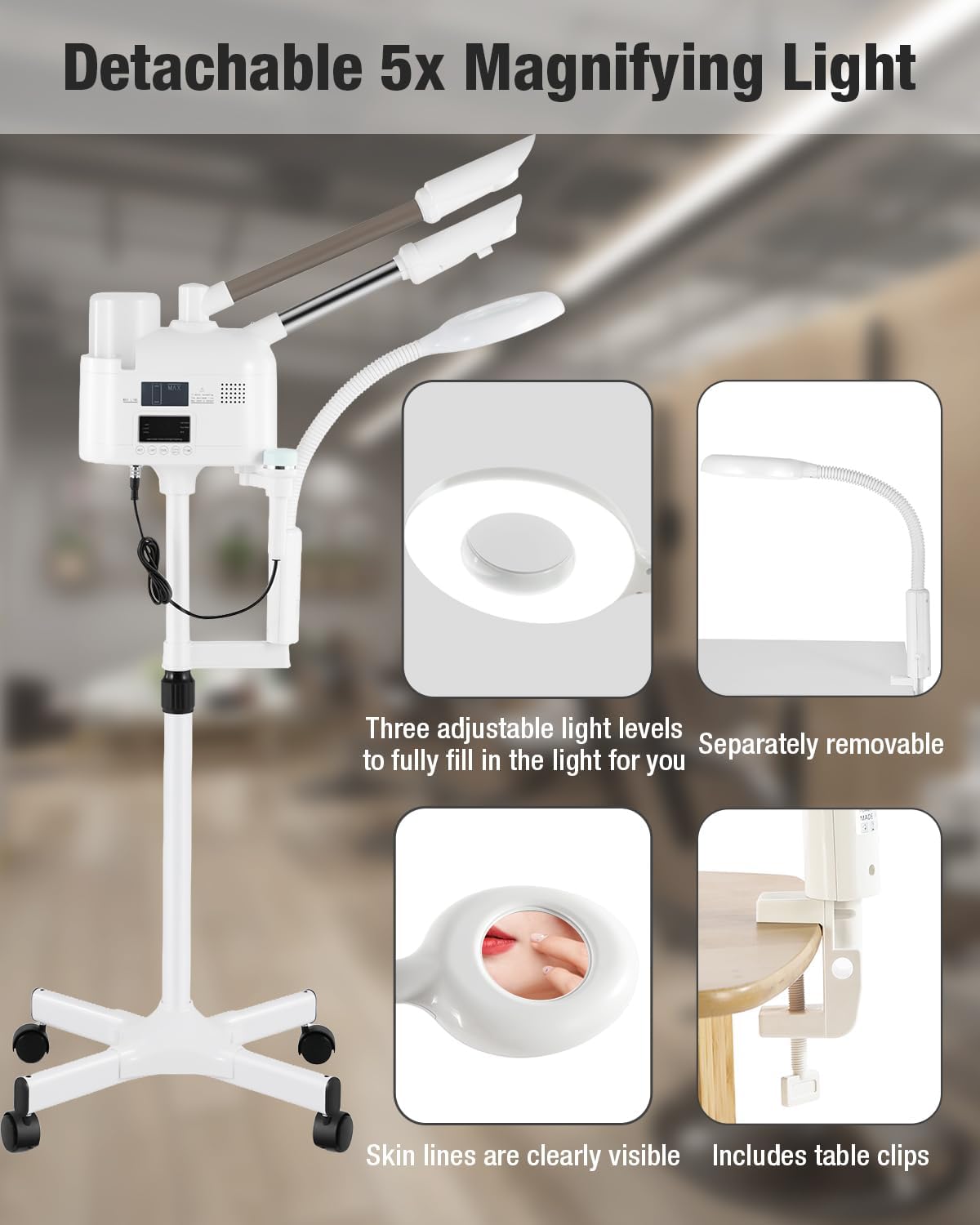 Professional 4-in-1 Facial Steamer with Hot and Cold Nozzles and 5X LED Magnifying Lamp and Ultrasonic Equipment—Ideal for Estheticians and Beauty Professionals, for Use at Home or in the Salon