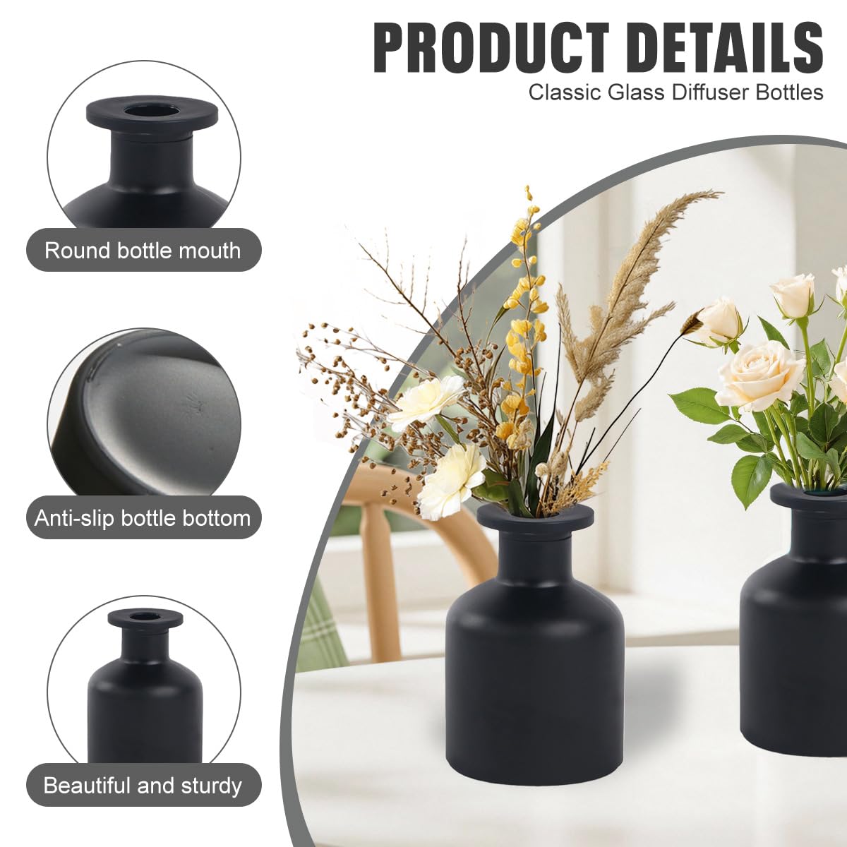 1PCS 150ml/5oz Empty Refillable Glass Diffuser Bottle Diffuser Jars Aromatherapy Storage Container Fragrance Accessories Use for DIY Replacement Reed Diffuser Sticks Crafts Decor (Black)