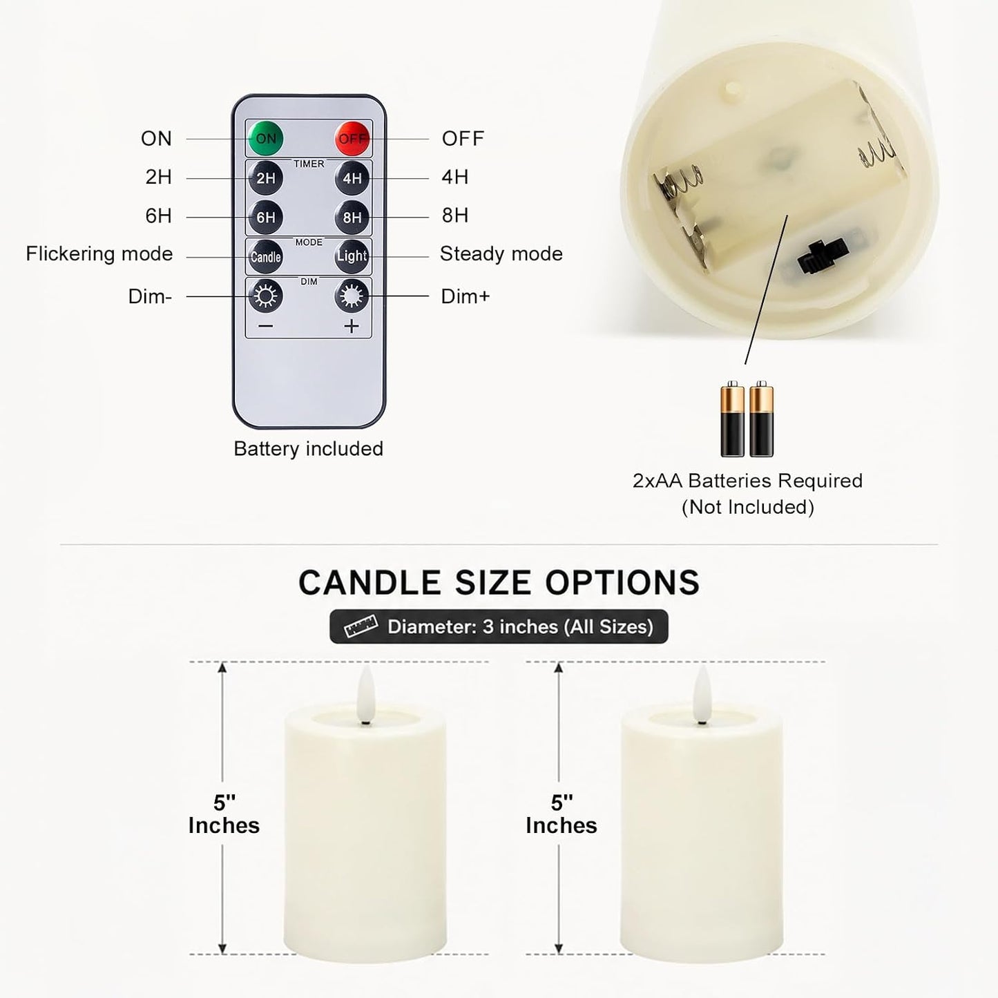 Outdoor Waterproof Flameless Candles with Remote and Timer, 2 Pack Battery Operated LED Flickering Pillar Candles, Fake Plastic Candles with Wax Effect for Lanterns, Indoor(Ivory, 3" x5" 5")