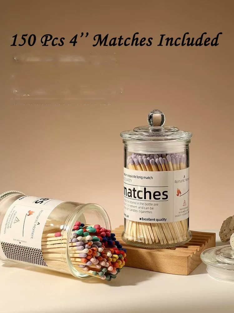 White Matches Included (150 Count 4"). Glass Match Holder with Strikers, Fireplace Matches for BBQ Grill, 150Pcs Long Wooden Safety Match for Candles
