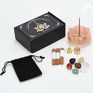 Crystal Lotus Bowl Incense Holder Set with Crushed Crystal Resin Bowl, Decorative Stones, Incense Sticks, Velvet Pouch, Gift Box, 3.0x3.0x1.55 Inch (Pink)