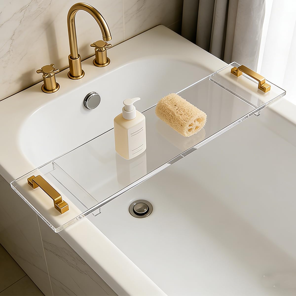 33in Clear Acrylic Bathtub Caddy with Metal Handles, Multifunctional Bath Tub Tray Bathtub Shelf Tray Simple Bath Board for Wine Glass,Book & Bathroom Essentials, Tubs Spa Gift for Men & Women