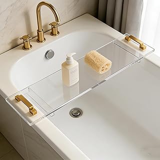 33in Clear Acrylic Bathtub Caddy with Metal Handles, Multifunctional Bath Tub Tray Bathtub Shelf Tray Simple Bath Board for Wine Glass,Book & Bathroom Essentials, Tubs Spa Gift for Men & Women