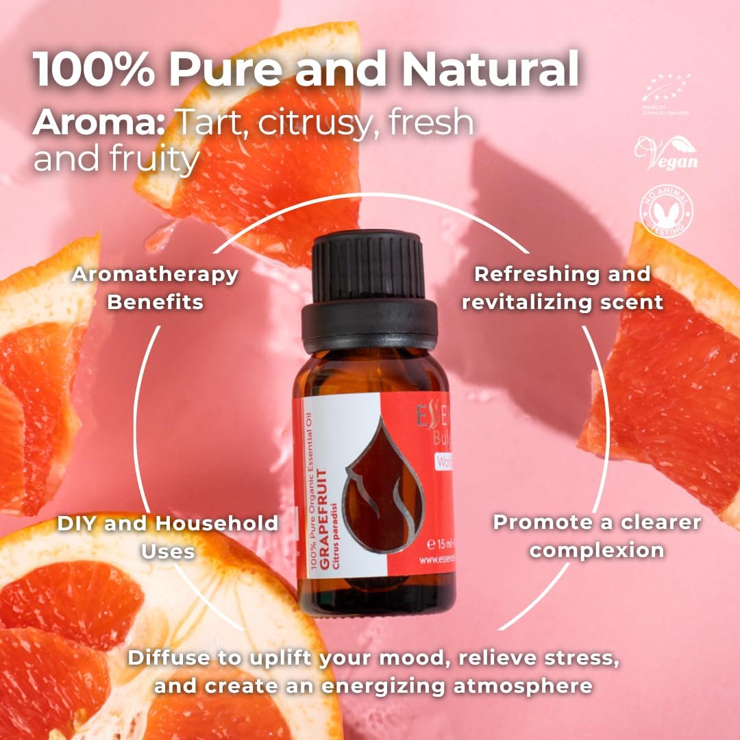 Essences Bulgaria Organic Grapefruit Essential Oil 0.51 Fl Oz 15ml Citrus paradisi 100% Pure Natural Undiluted Therapeutic Grade for Home Aromatherapy Home Diffuser Humidifier Hot Tub and Massage Oil