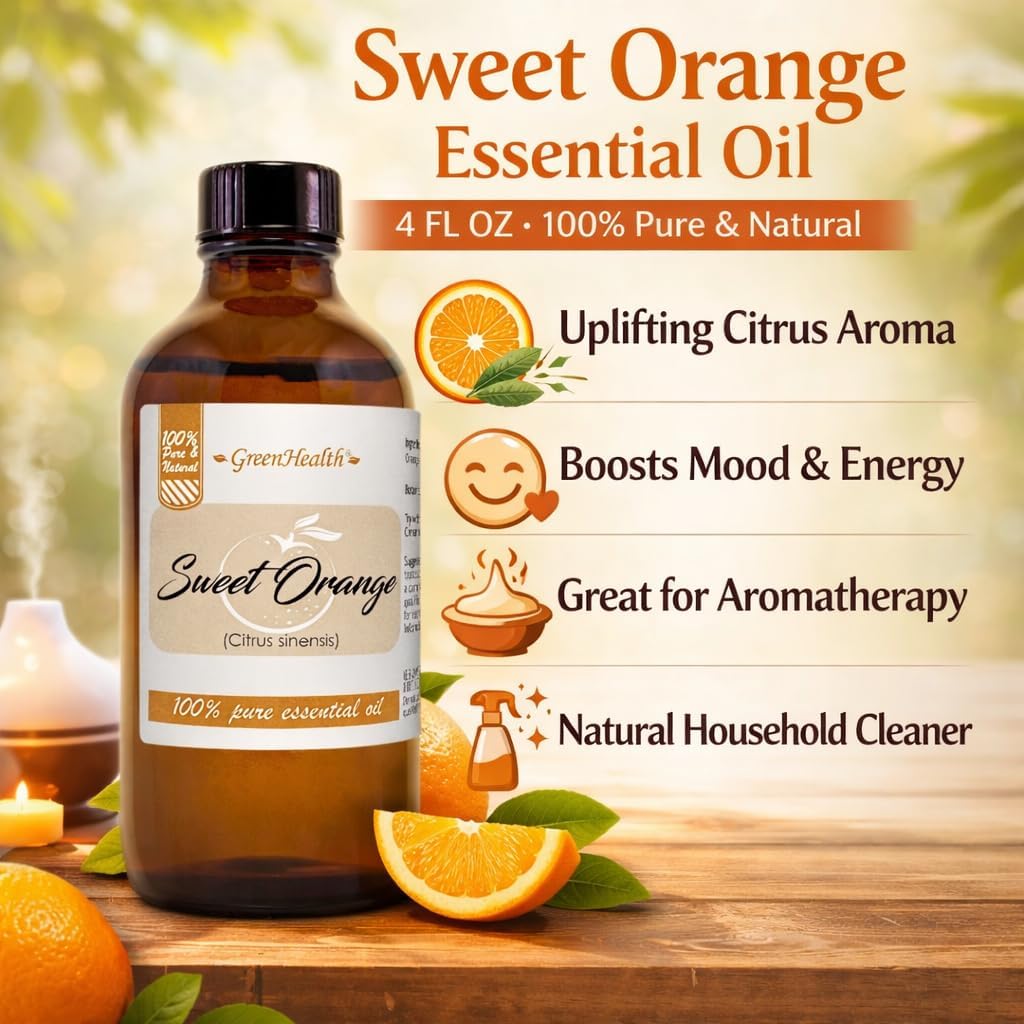 Sweet Orange – 4 fl oz (118 ml) Glass Bottle w/Cap – 100% Pure Essential Oil – GreenHealth