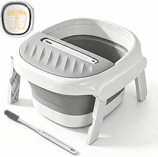 Collapsible Foot Bath Tub with Long Handle Foot Brush, Foldable Foot Soaking Tub with Insulated Lid & Sturdy Support Frame, Pedicure Foot Spa Basin for Men Women Home Travel (Gray)