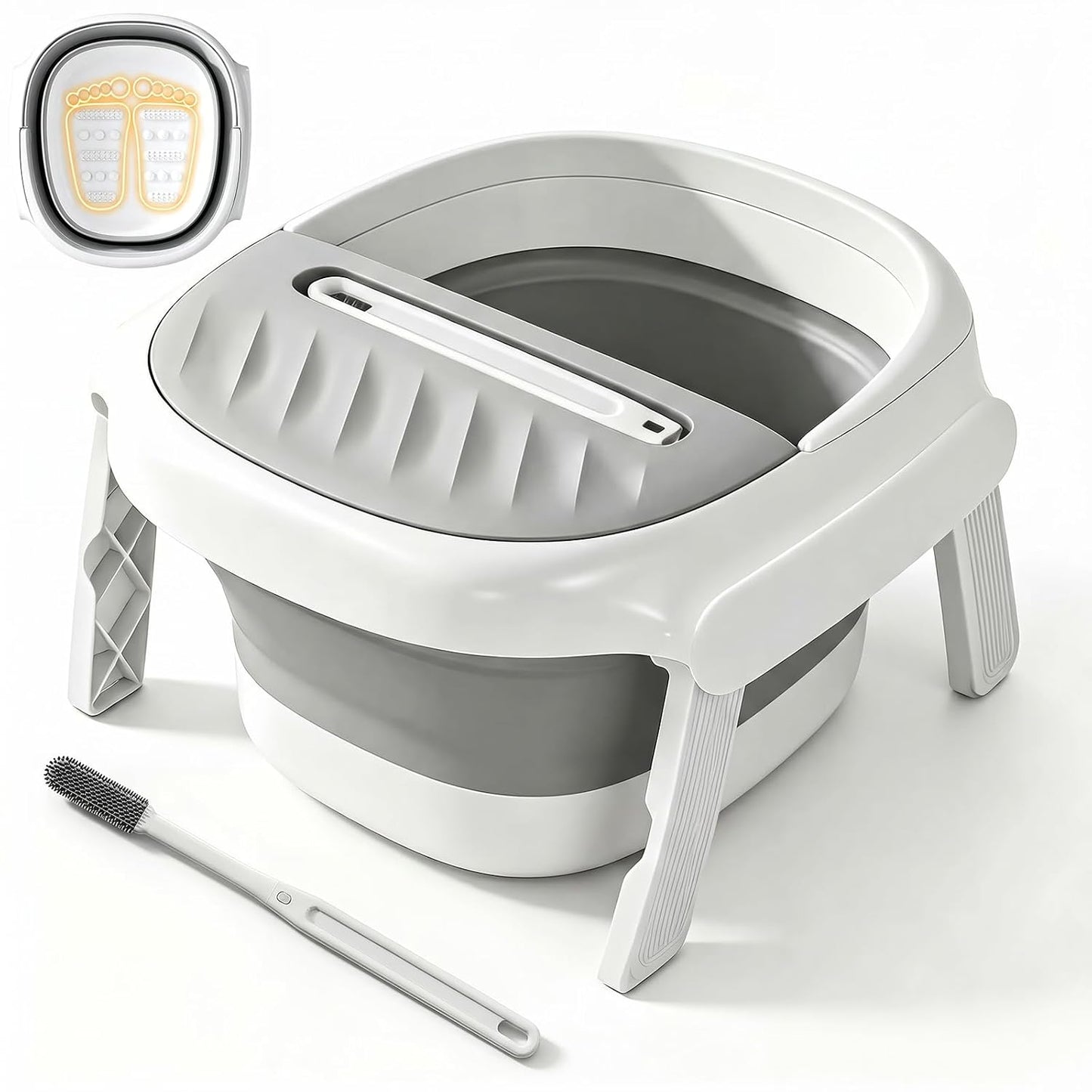 Collapsible Foot Bath Tub with Long Handle Foot Brush, Foldable Foot Soaking Tub with Insulated Lid & Sturdy Support Frame, Pedicure Foot Spa Basin for Men Women Home Travel (Gray)