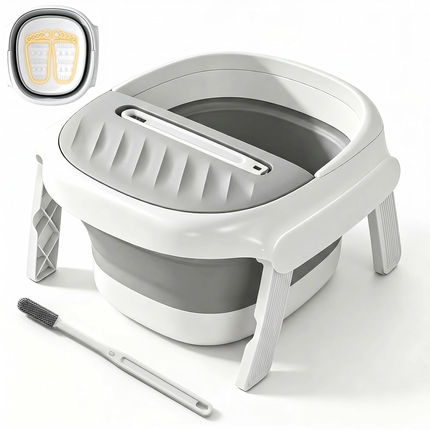 Collapsible Foot Bath Tub with Long Handle Foot Brush, Foldable Foot Soaking Tub with Insulated Lid & Sturdy Support Frame, Pedicure Foot Spa Basin for Men Women Home Travel (Gray)