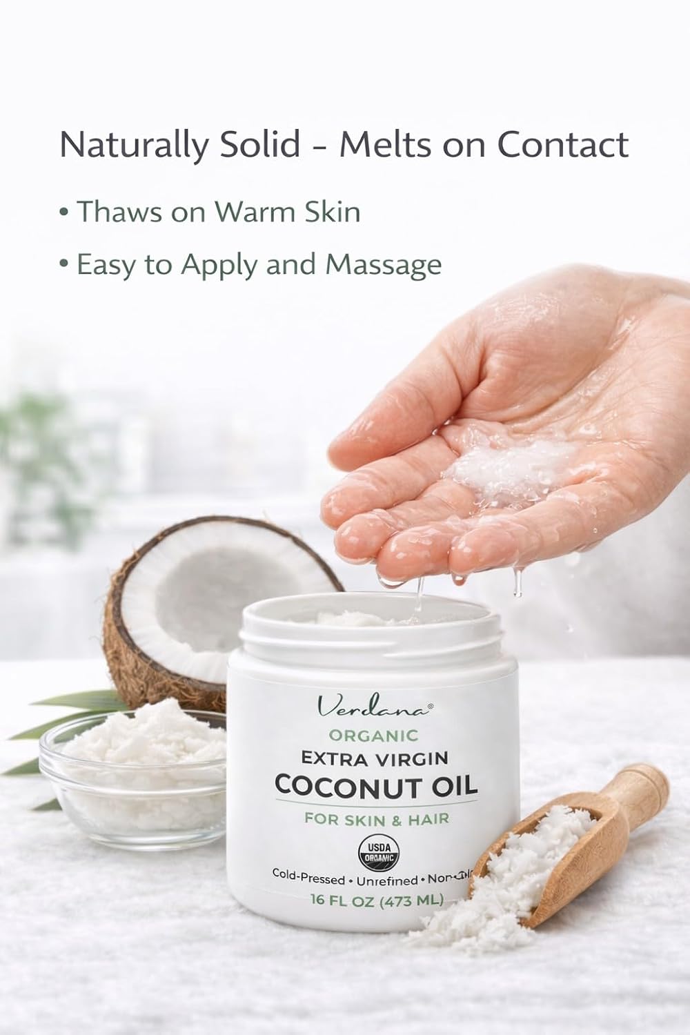 Verdana Organic Coconut Oil for Skin & Hair, Extra Virgin Unrefined Cold Pressed, Rich Moisturizer for Dry Skin & Body, USDA Organic, 16 fl oz Jar