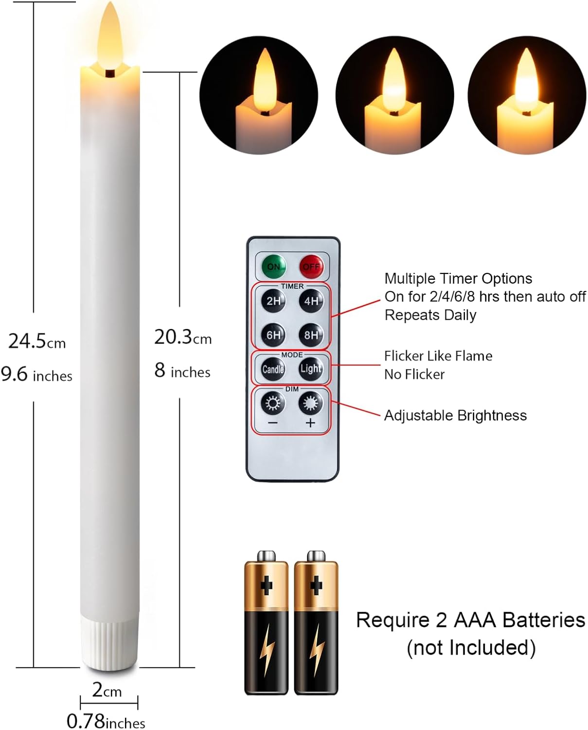 Homemory Waxy Flameless Taper Candles with Remote Timer Dimmer, Battery Operated Candlesticks Flickering, LED Window Candles Realistic, 9.6 Inches for Christmas Wedding Indoor Decor, White, 6 Pcs