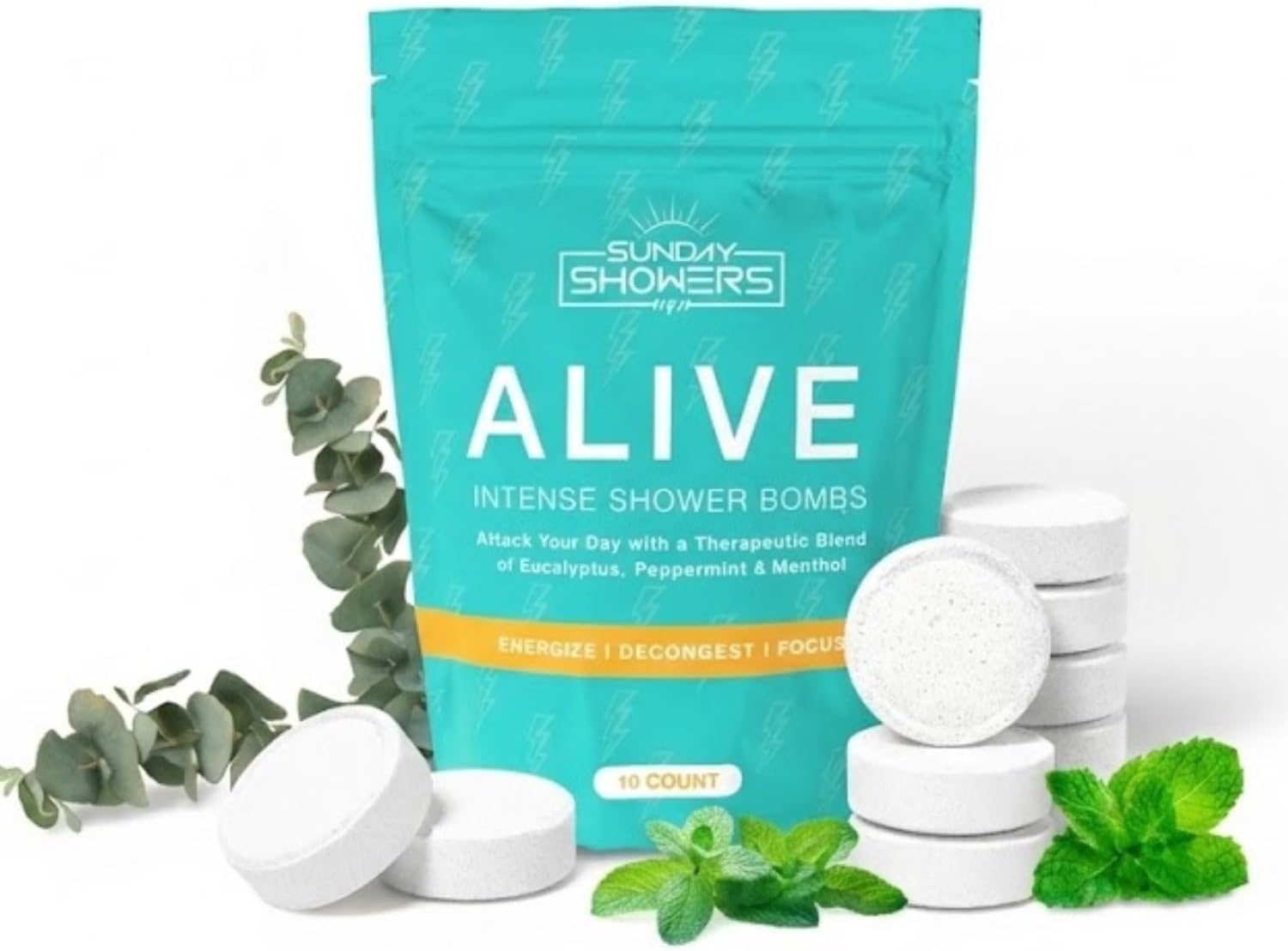 Alive Shower Bombs 10-Pack – Made in USA | Powerful Aromatherapy Steamers with Eucalyptus, Peppermint & Menthol | Energizing Scent for Morning Focus & Breathing Boost | Natural Self Care Gift
