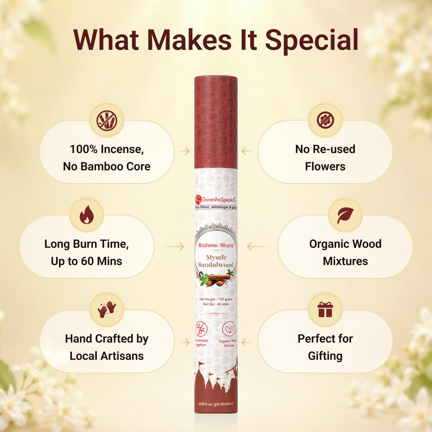 GaneshaSpeaks Premium Bambooless Incense Sticks with Sandalwood Fragrance 40 Pieces Handcrafted by Skilled Artisans Eco-Friendly Agarbatti Free Ceramic Stand