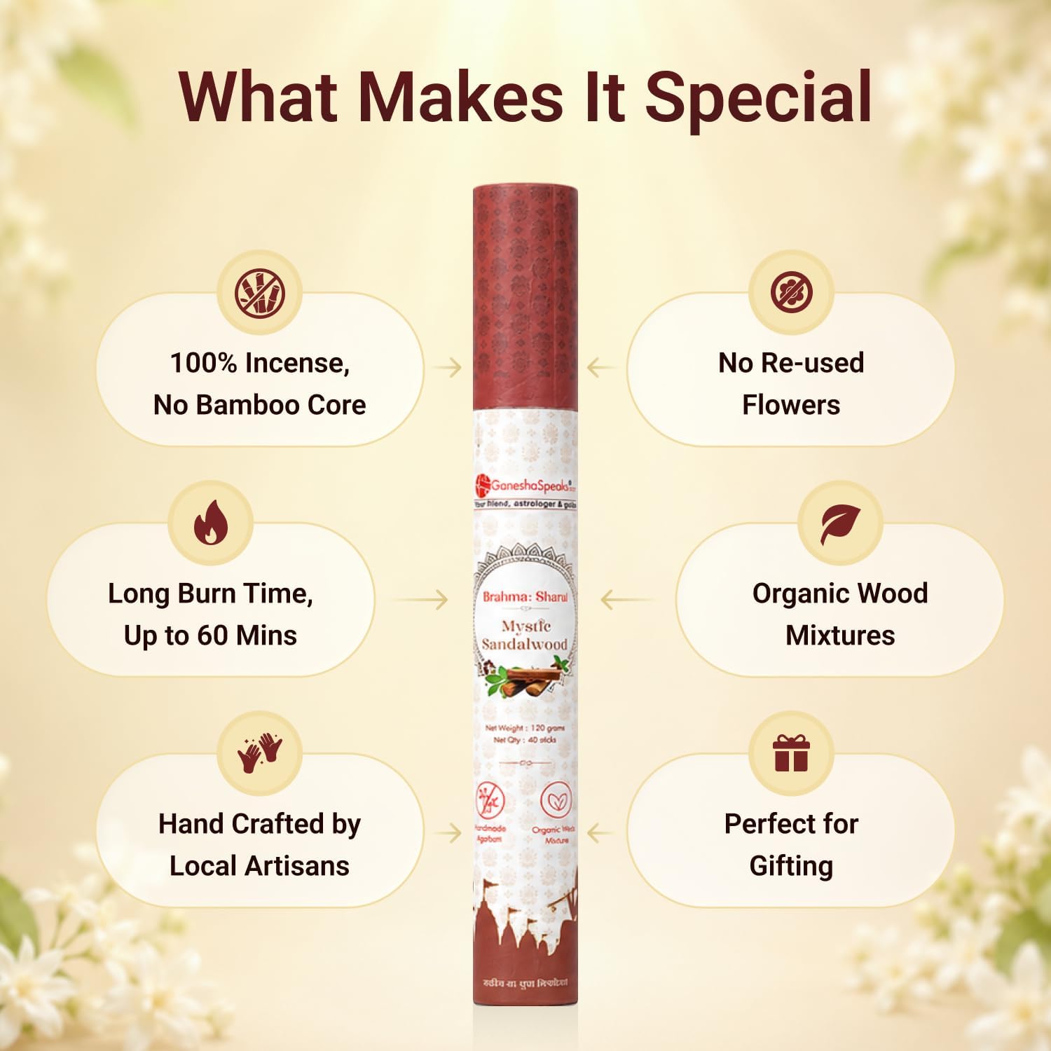 GaneshaSpeaks Premium Bambooless Incense Sticks with Sandalwood Fragrance 40 Pieces Handcrafted by Skilled Artisans Eco-Friendly Agarbatti Free Ceramic Stand