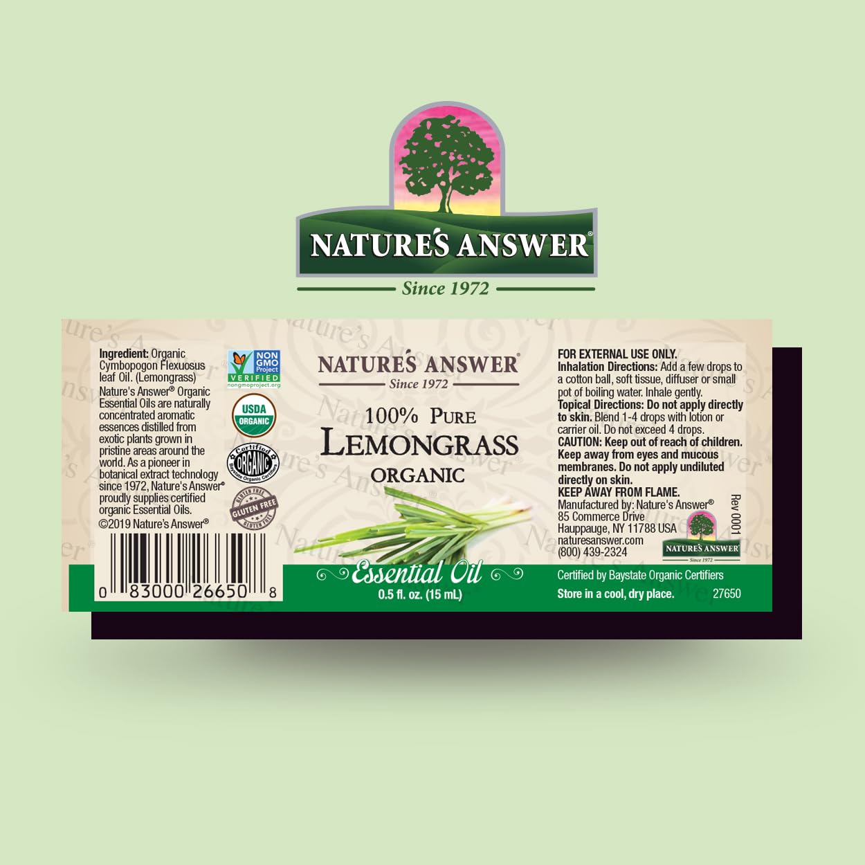 Nature’s Answer USDA Organic Lemongrass Essential Oil, 100% Pure | Natural Aromatherapy Oil for Diffuser/Humidifier, Steam Distilled 0.5 fl oz. (15ml) | Made in USA