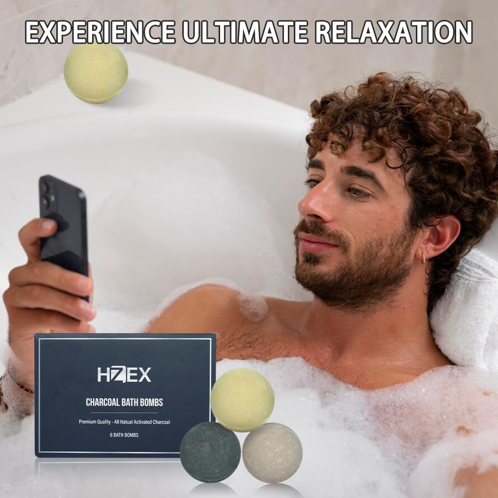 HZEX Charcoal Activated Bath Bombs for Men – Detox with Handmade Organic 6 Pack Bath Bomb Set, up to 3 Scents (Sandalwood, Bergamot, Ocean), Individually Wrapped (Mixed)