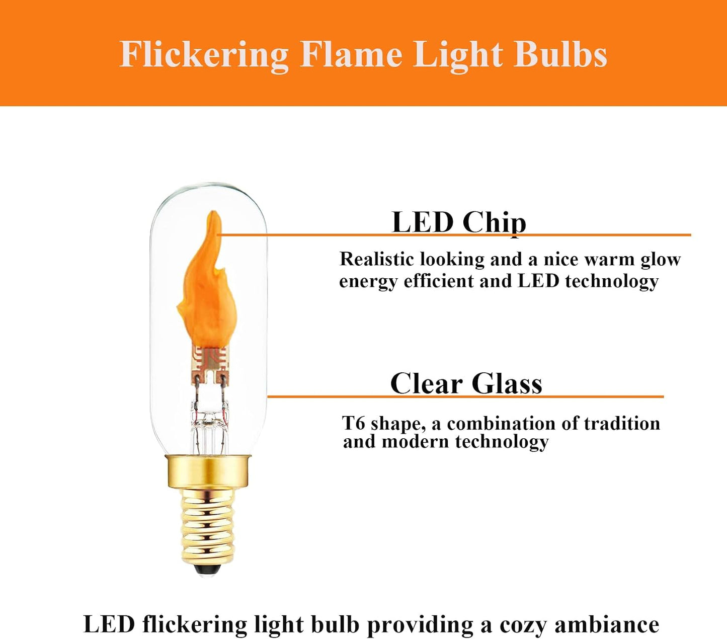 SHUWDKAR Flickering Light Bulbs, E12 LED Flickering Candelabra Flame Effect Light Bulbs, Candelabra LED Fire Effect E12 Flicker Flame Bulb for Decoration, 6 Pack
