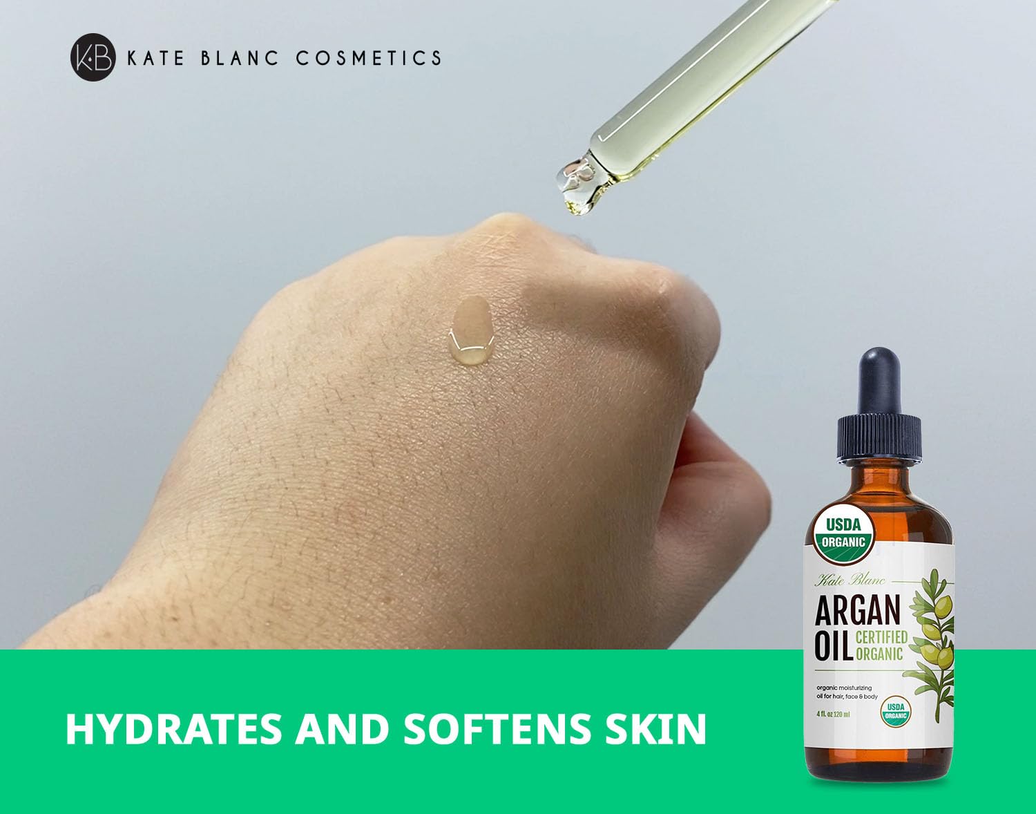 Kate Blanc Cosmetics Argan Oil for Hair, Face & Skin from Morocco (4oz, USDA Certified Organic, Cold Pressed & 100% Pure, Light)