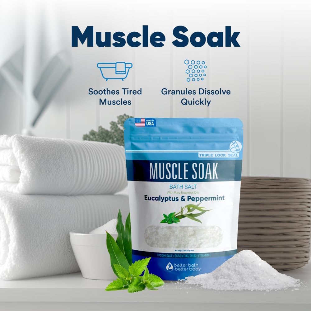 Muscle Soak Bath Salt 32 Ounces (2 Lbs) Epsom Salt with Natural Peppermint and Eucalyptus Essential Oils Plus Vitamin C in BPA Free Pouch with Easy Press Lock Seal Made in USA
