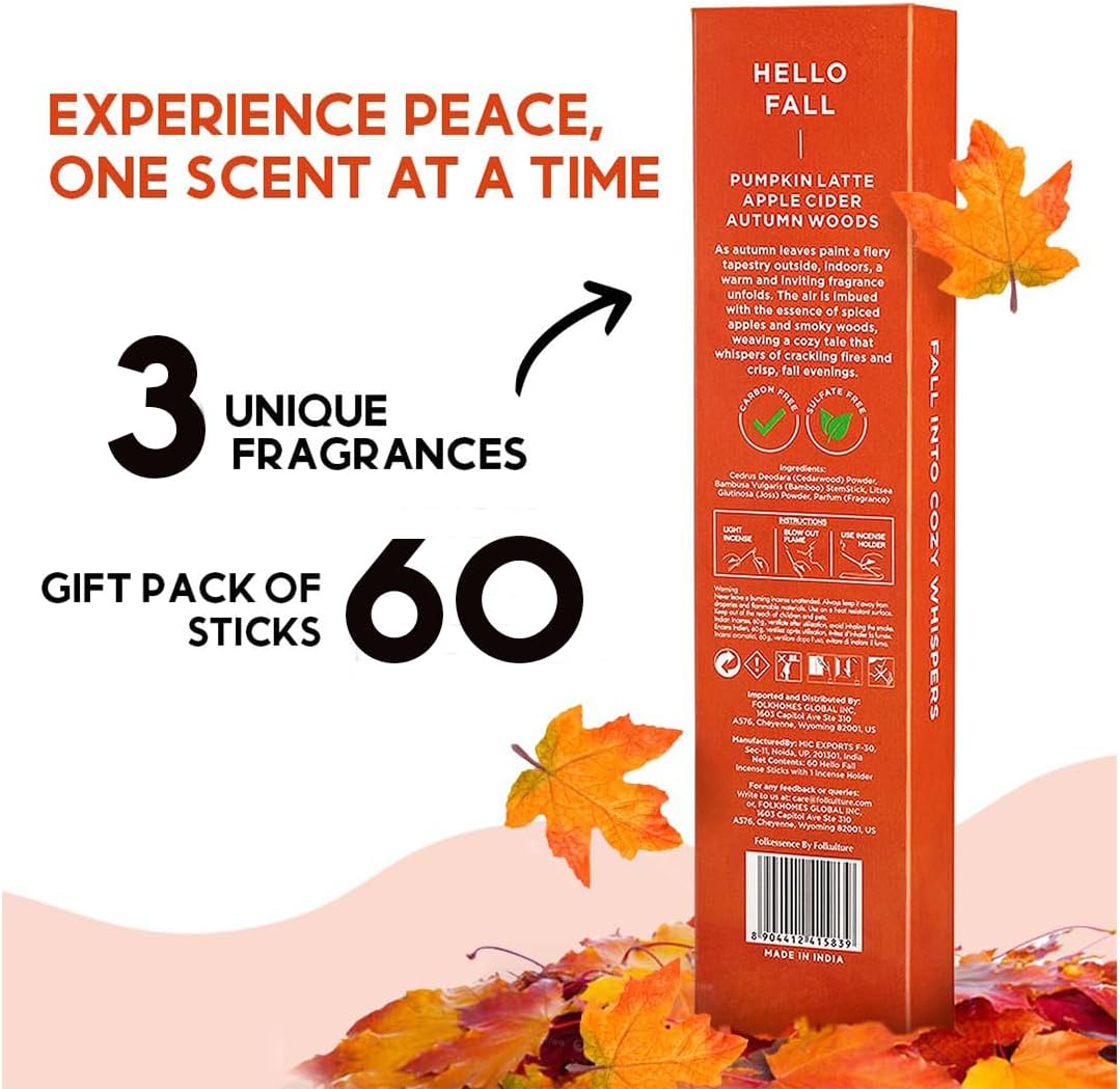 Folkulture Incense Stick Gift | Set of 3 Pumpkin Spice Organic Incense Sticks | Non-Toxic Xmas Decor for Indoor Decorations, Gift | Inscents-Sticks for Women