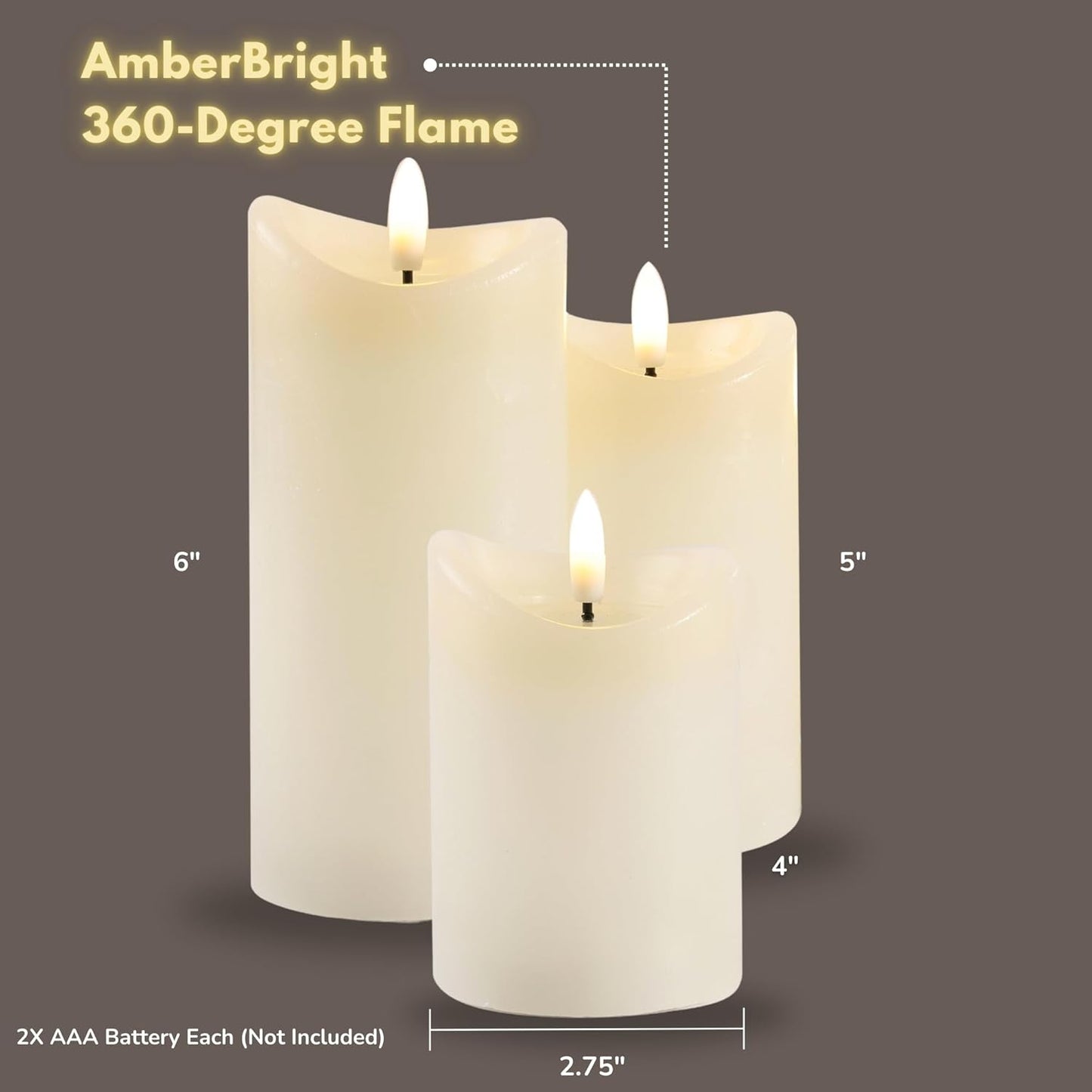 LumiPur Basics Flameless Flickering Wax Pillar LED Candles 2.75" x 4" 5" & 6" (3 Pack, Linen White)