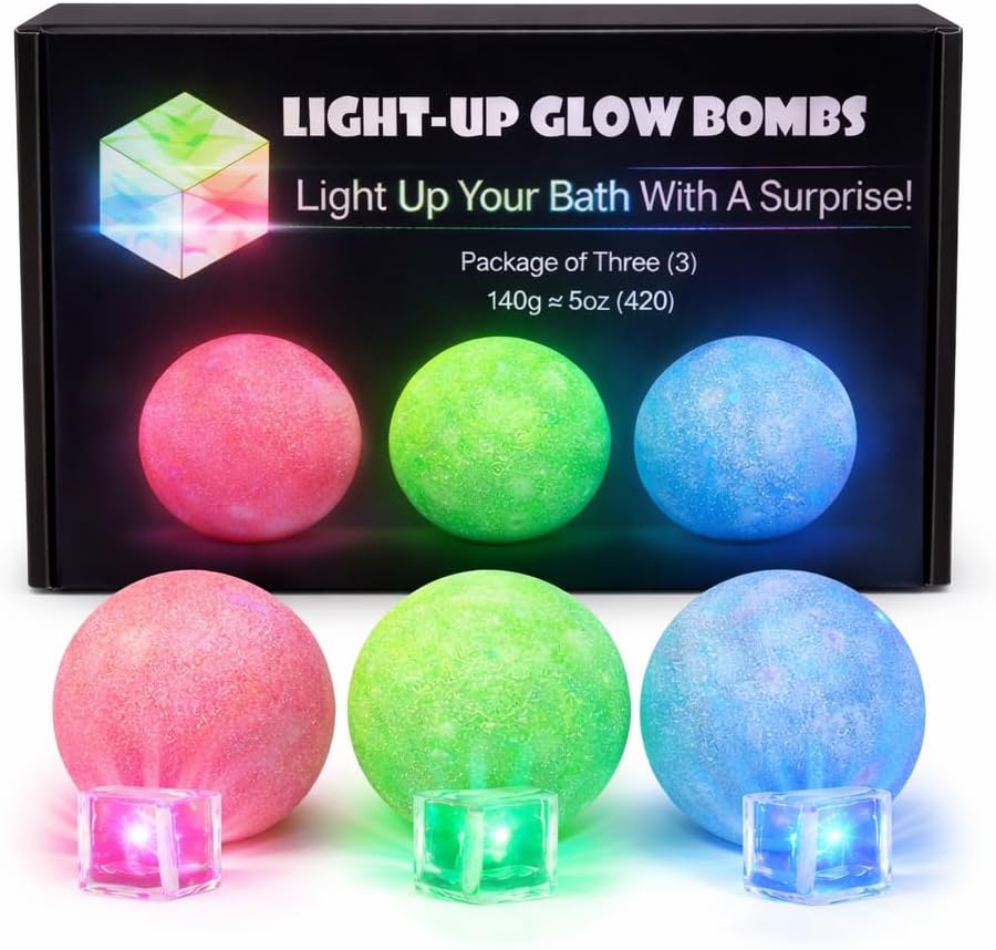Light Up Glow Bath Bombs with Surprise Inside – Large 3-Pack Gift Set with Essential Oils & Relaxing, Skin-Moisturizing Spa Gifts for Women
