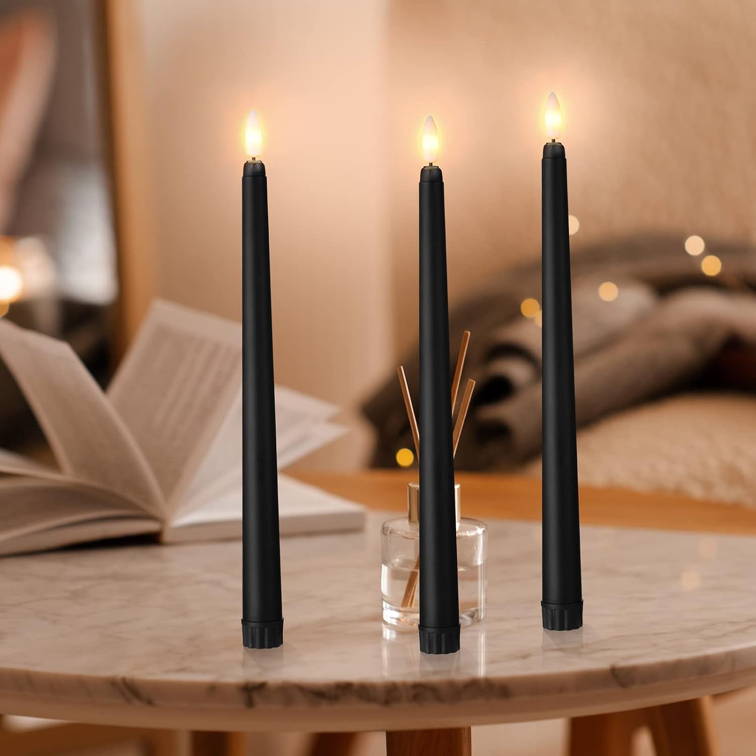 Handepo 48 Pack Flameless Taper Candles Realistic with Yellow Flickering Candlelights Plastic 11 Inch Last Long Battery Operated Window Candlestick for Halloween Christmas(Black)