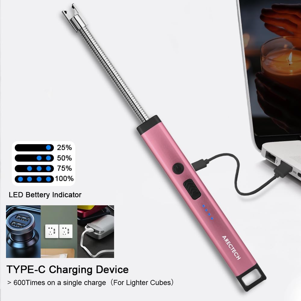 ARECTECH Candle Electric Lighter Rechargeable USB Arc Lighter for Candle Camping Fireworks Christmas Birthday Gifts with LED Light for Men Women Pink
