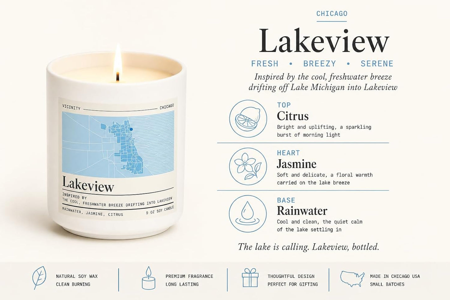 Vicinity Lakeview, Hand-Poured Soy Candle | Rainwater, Jasmine & Citrus | 9 oz, 45-50 Hour Burn | Gift Ready | Woman-Owned