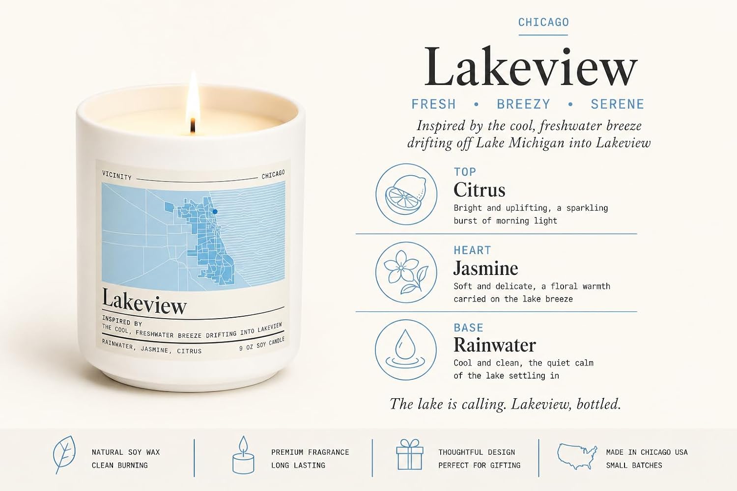 Vicinity Lakeview, Hand-Poured Soy Candle | Rainwater, Jasmine & Citrus | 9 oz, 45-50 Hour Burn | Gift Ready | Woman-Owned