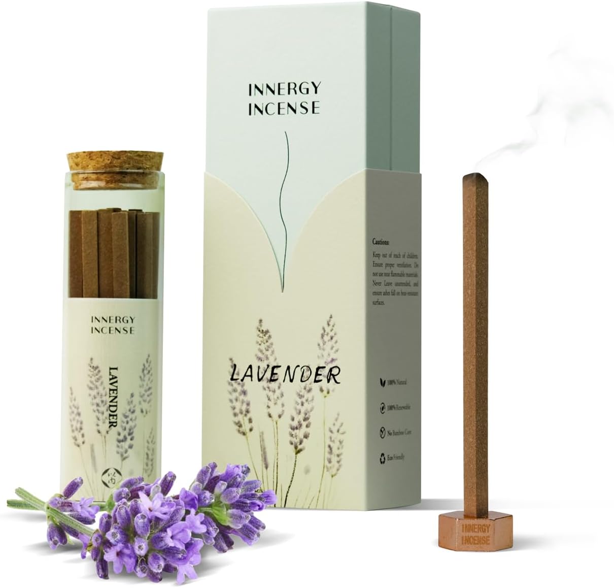 Innergy Lavender Square Incense Sticks, No Bamboo Core, Gift Set | 100% natural, no synthetic fragrance or dyes, lavender blended with sandalwood, soft floral-wood aroma, 20 count