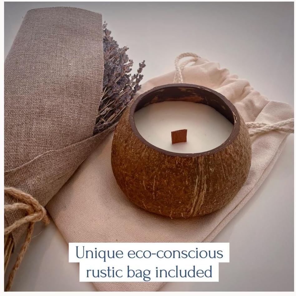 Coconut Shell Candle with Wooden Wick – Lavender Scented, 100% Natural Coconut & Soy Wax, Hand-Poured, Eco-Friendly Decorative Candle, 6oz Gift