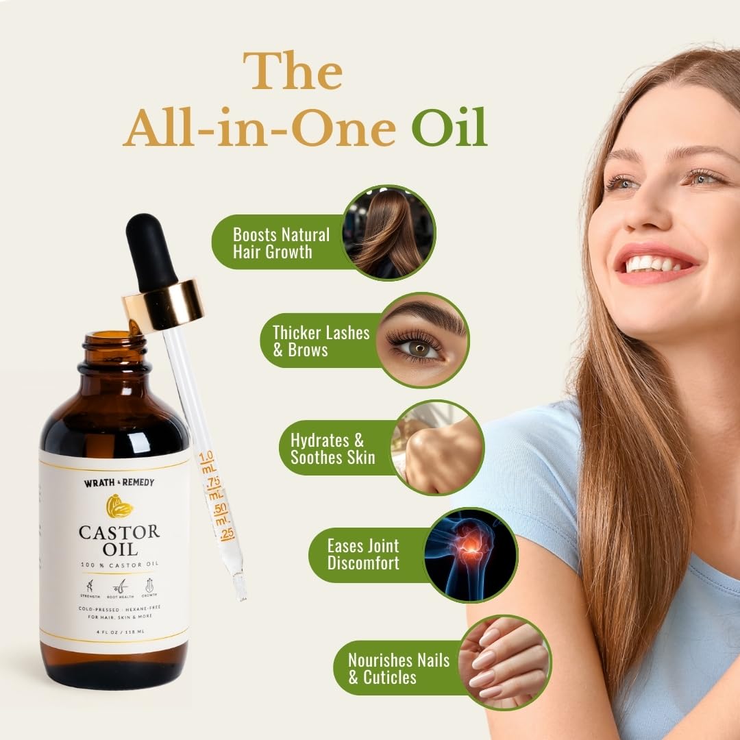 Castor Oil Organic Hexane Free — USDA Certified, 100% Pure Cold Pressed Organic Castor Oil for Hair Growth & Strength, Fuller Lashes & Eyebrows, Hydrated & Rejuvenated Skin (Finest Glass Bottle, 4OZ)