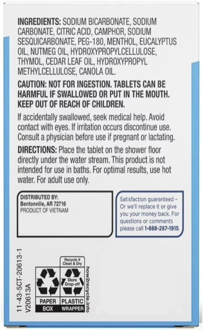 Equate Vapor Shower Tablet, Soothing Vapors with Eucalyptus and Menthol, Non-Medicated, 5 Count, 2 Pack