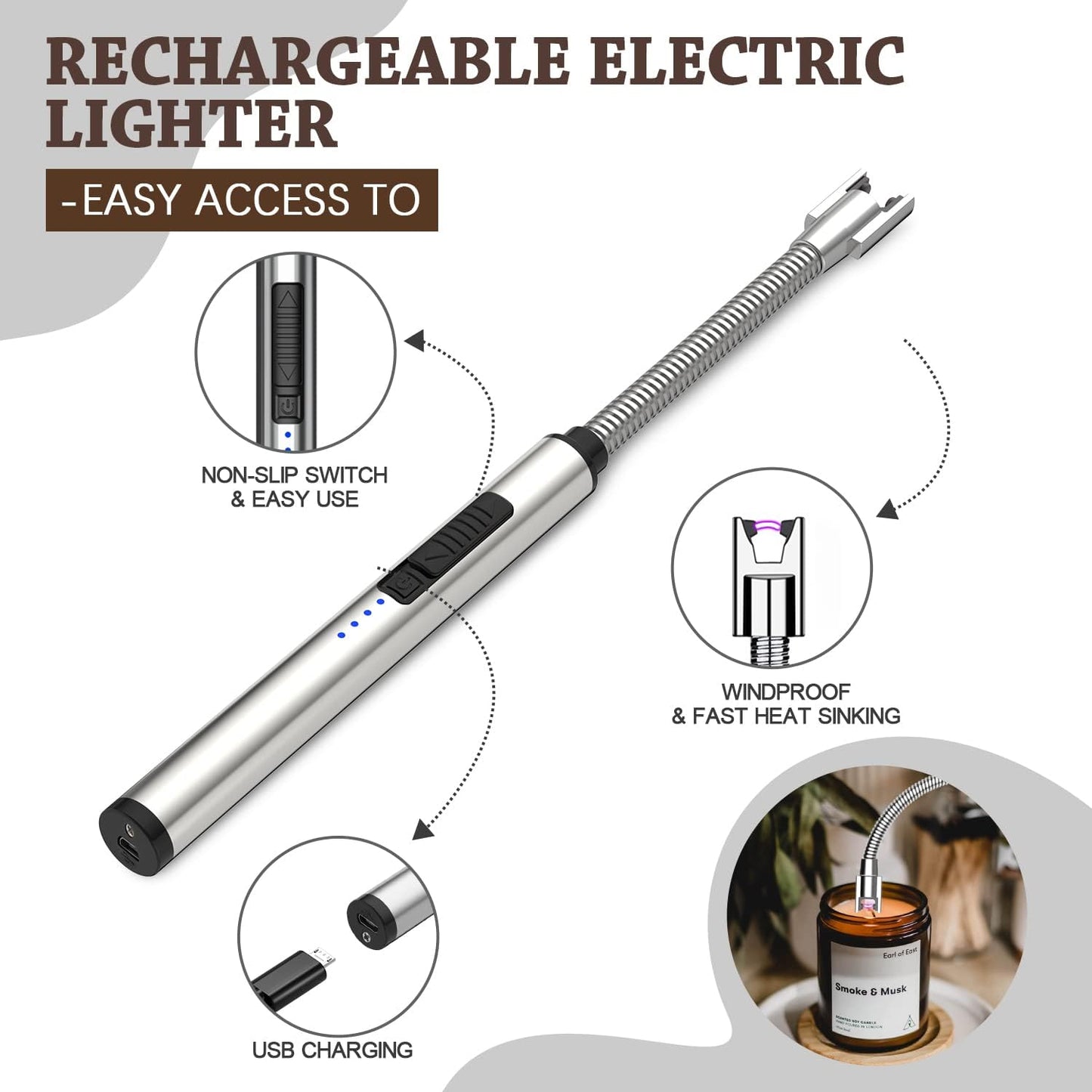 6 in 1 Candle Accessory Set,Candle Wick Trimmer Cutter,Candle Wick Dipper,Candle Wick Snuffer, Rechargeable Candle Lighter,Storage Tray Plate,Tweezers,Stainless Steel Candle Care Kit Home Gift