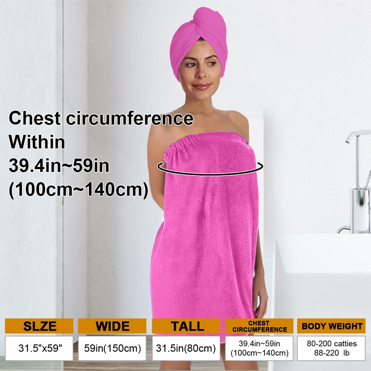 Pink Bath Wrap Set with Hair Turban, Absorbent Microfiber Spa Towel Wrap, Towel Robe for Women