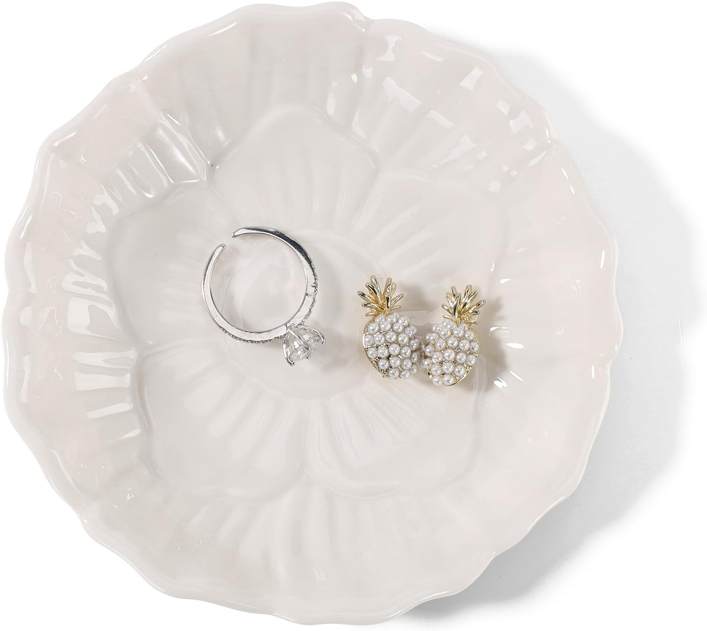 Flower Ring Dish Holder,Jewelry Dish Tray,Small Trinket Tray,Jewelry Plate Bowl,Key Bowl,Decorative Plate,Birtdhay Christmas Gifts for Women Friends,Ceramic White