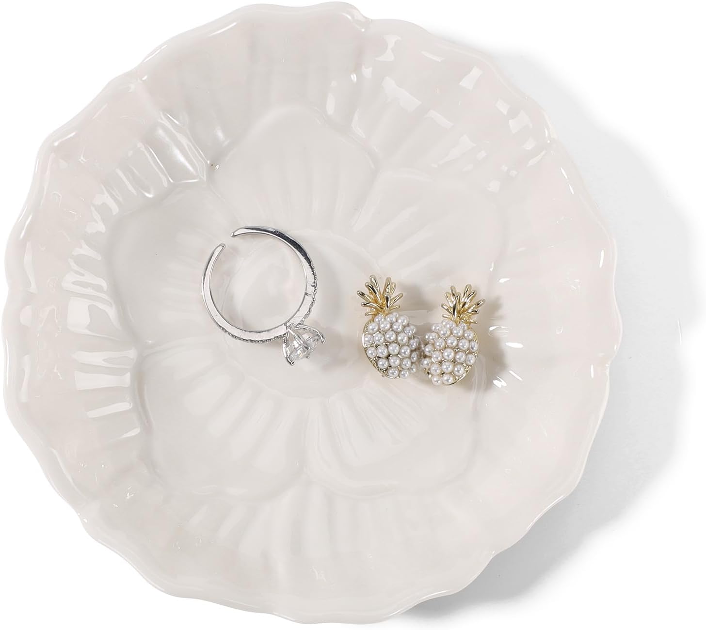 Flower Ring Dish Holder,Jewelry Dish Tray,Small Trinket Tray,Jewelry Plate Bowl,Key Bowl,Decorative Plate,Birtdhay Christmas Gifts for Women Friends,Ceramic White