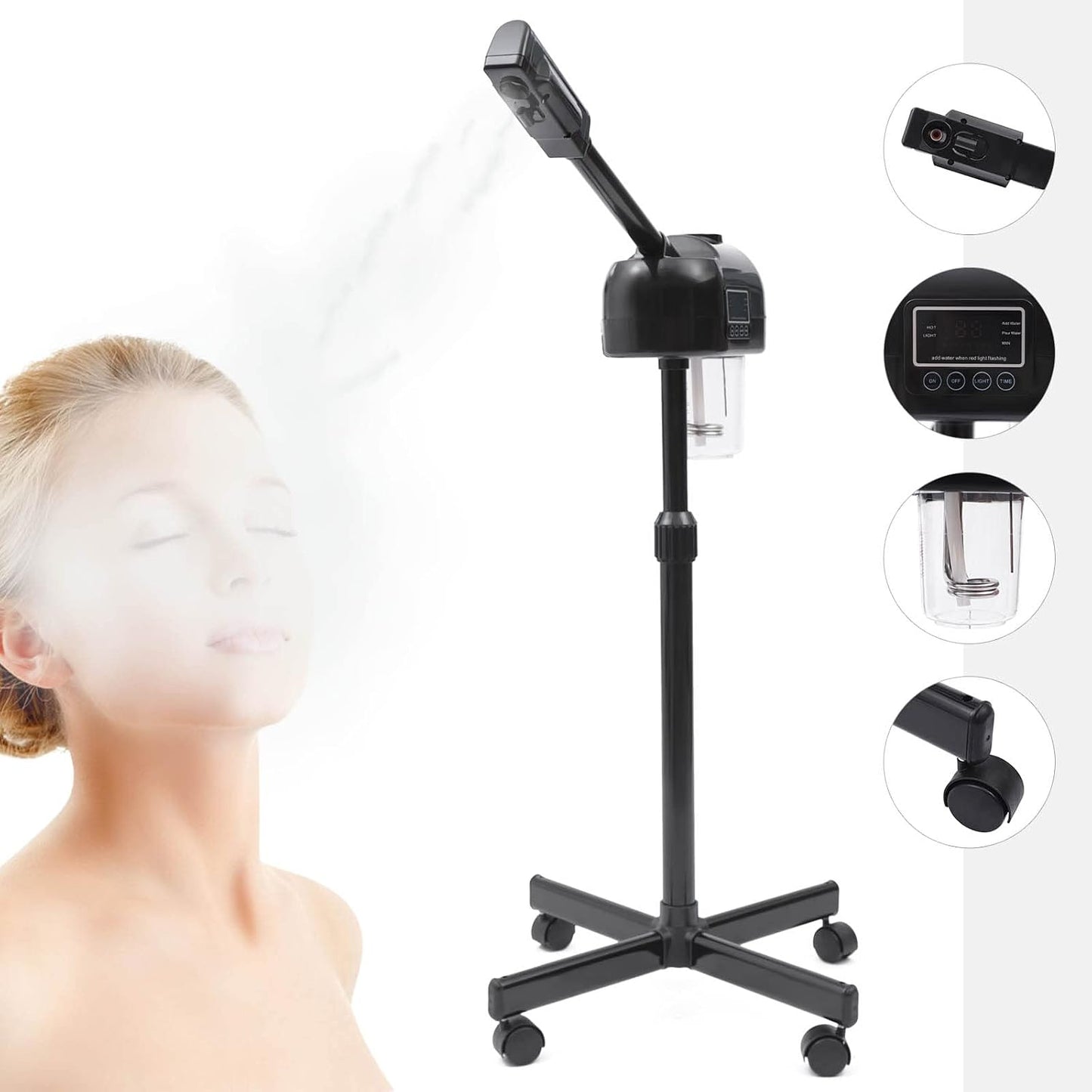 Professional Facial Steamer,Face Steamer for Facial with Hot Mist Function,Free-Standing Ozone Facial Steamer On Wheels,360° Rotatable Nozzle for Beauty Salon or Home (Black)