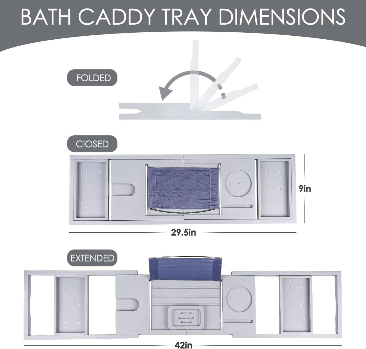 Foldable Bathtub Tray Caddy with Soap Dish Adjustable 29.5-43'' Grey