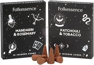 Folkulture Incense Cones (20 Cones) | Set of 2 Premium Insence Cones For Meditation, Cleansing, Aromatherapy, Focus Gifts | No Charcoal, Organic, Non Toxic Rosemary, Tobacco & Patchouli Inscents-Cones