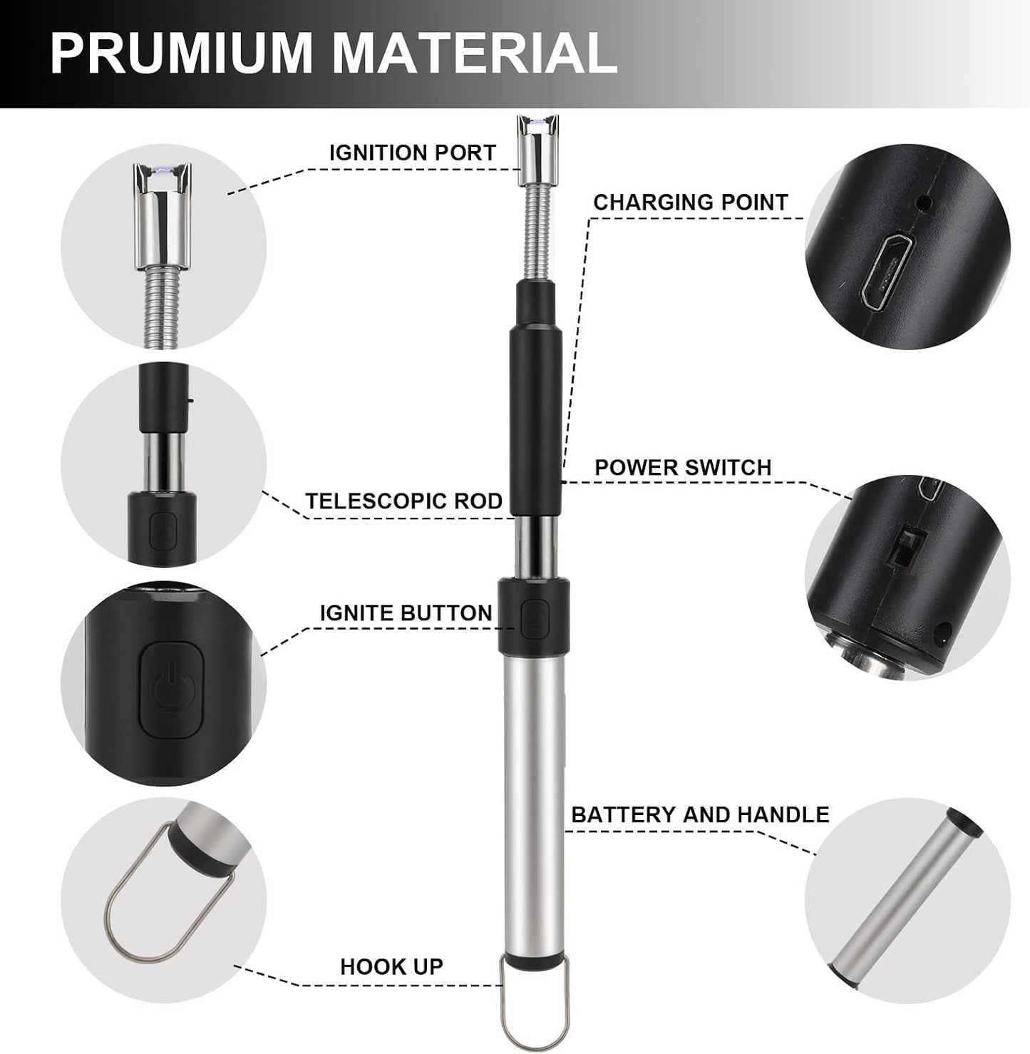 Electric Long Lighter, Retractable Length (11.4in-27.55in), Lgnition Port Can be Rotated 360°, Rechargeable via USB, lighters Suitable for Lighting Candles, barbecues, fireplaces, fire pits, etc.