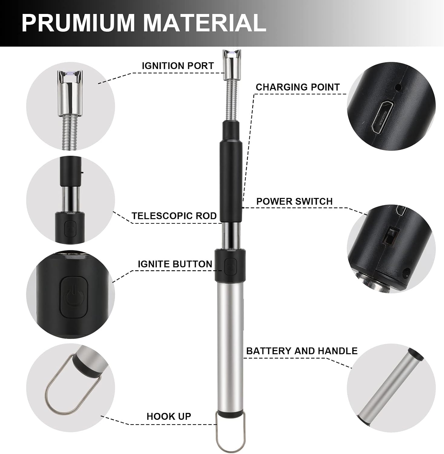 Electric Long Lighter, Retractable Length (11.4in-27.55in), Lgnition Port Can be Rotated 360°, Rechargeable via USB, lighters Suitable for Lighting Candles, barbecues, fireplaces, fire pits, etc.