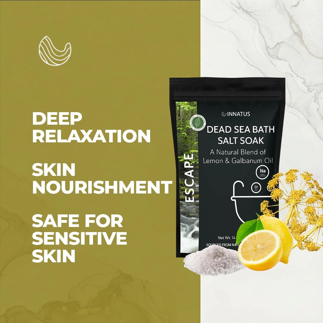 Dead Sea Soothing Bath Salt Soak with 21 Minerals – Relaxing, Detoxifying, and Nourishing for Skin – 14oz, Infused with Essential Oils – Rejuvenate Mind & Body. (Lemon)