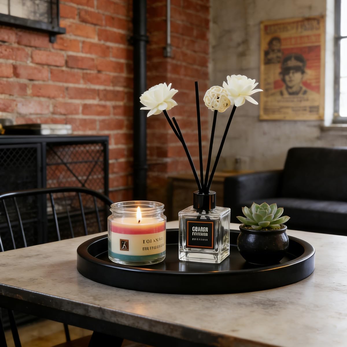 Round Metal Candle Plate, Black Candlestick Tray, Modern Candle Holders and Dish for Table, Decorative Serving Tray, Large Candle Charger Plate(14 inches)