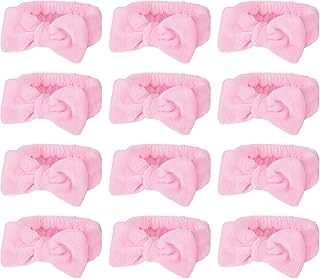 12Pcs Pink Spa Headband Soft Coral Fleece, Makeup Headband Spa Headbands for Washing Face Pink Bow Skincare Headbands Elastic Party Favors, Washable for Makeup, Skincare Washing Face