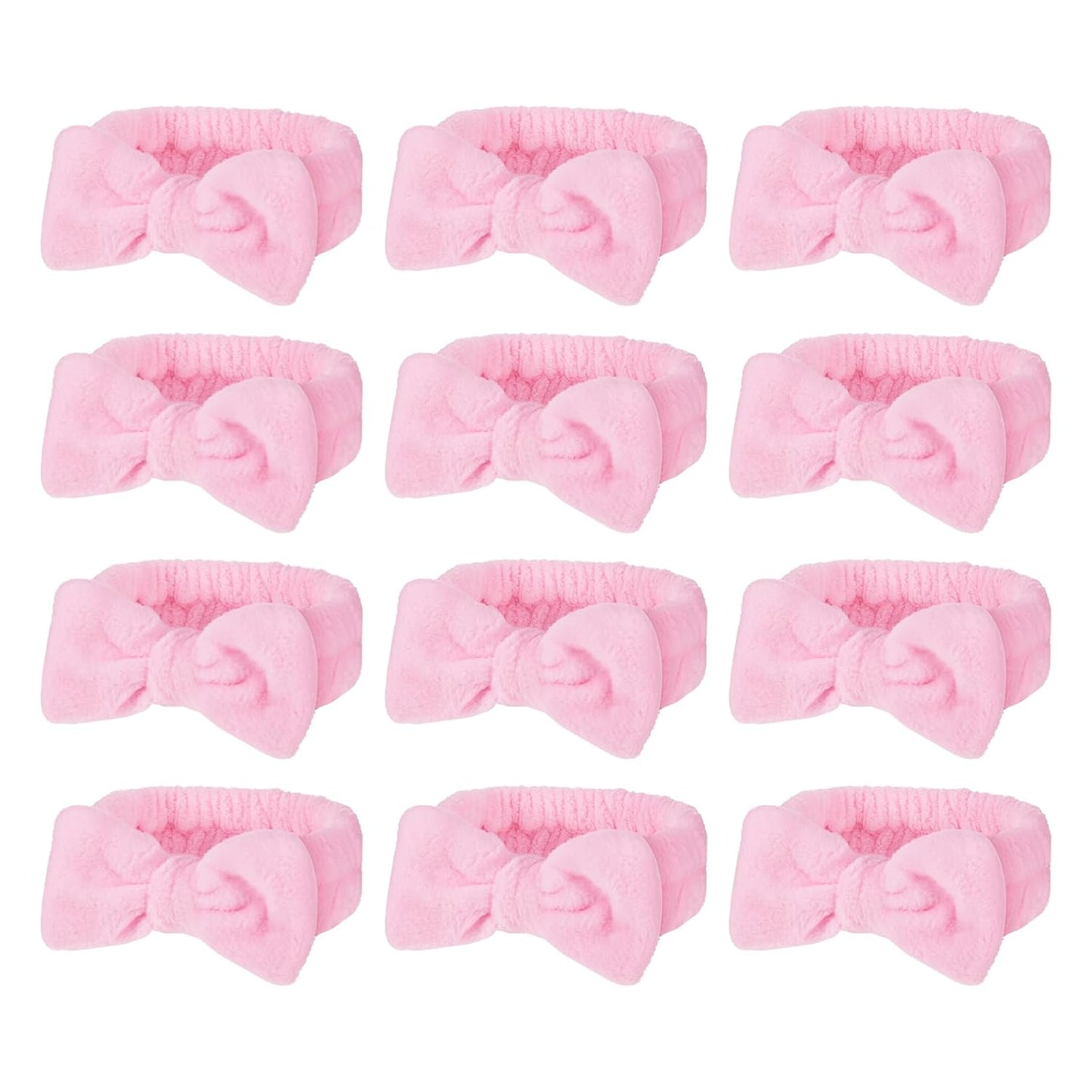 12Pcs Pink Spa Headband Soft Coral Fleece, Makeup Headband Spa Headbands for Washing Face Pink Bow Skincare Headbands Elastic Party Favors, Washable for Makeup, Skincare Washing Face