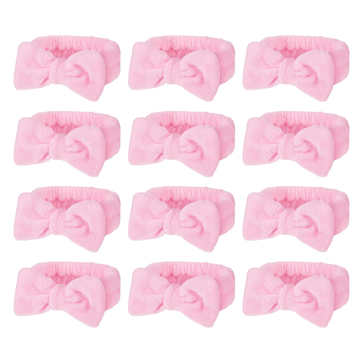 12Pcs Pink Spa Headband Soft Coral Fleece, Makeup Headband Spa Headbands for Washing Face Pink Bow Skincare Headbands Elastic Party Favors, Washable for Makeup, Skincare Washing Face