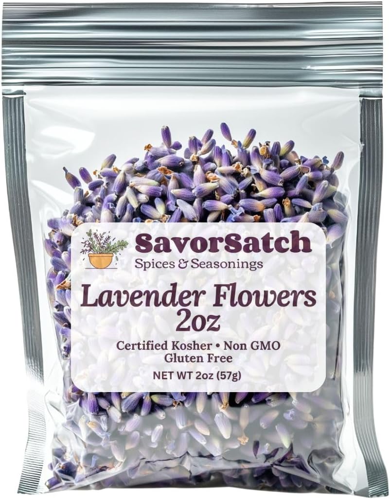 SavorSatch Dried Lavender Flowers Buds – 2 oz Resealable Pouch | Culinary Grade, Whole Flower, Kosher Certified, Non-GMO | Soothing Aroma, Herbal Tea, Baking, Crafts, Sachets – Product of Albania