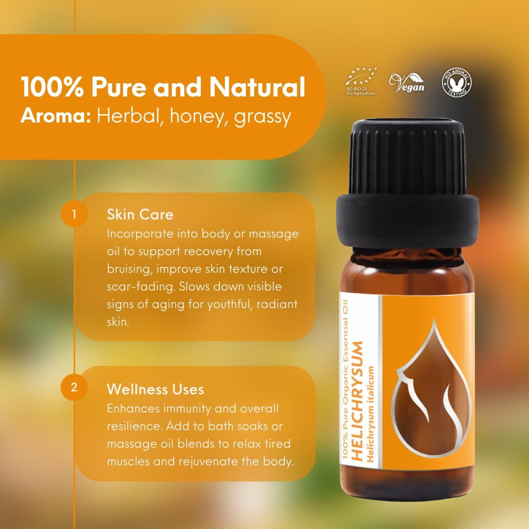 Essences Bulgaria Organic Helichrysum Essential Oil 1/3 Fl Oz | 10ml | Helichrysum italicum | 100% Pure and Natural | Undiluted | Therapeutic Grade | Family Owned Farm | Steam-Distilled | Non-GMO