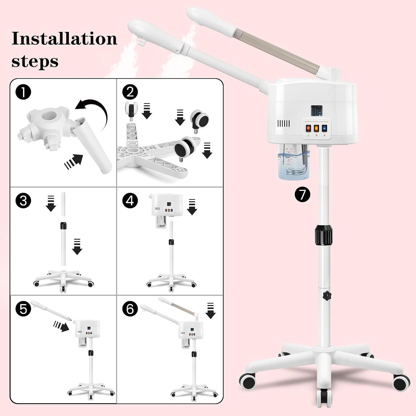 2 in 1 Hot & Cold Mist Facial Steamer, Professional Face Steamer on Wheels for Beauty Salon, Spa and Home Use